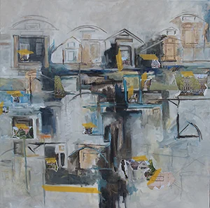 UNDER CONSTRUCTION is een schilderij waarbij verschillende materialen gebruikt zijn. Het beeld suggereert een nieuwe wijk in aanbouw. De afmetingen van het linnen doek zijn 100x100. Het werk maakt deel uit van het thema Industry Recycled waarvan verschillende industriegebieden als inspiratiebronnen gebruikt zijn. Prijs € 1.200