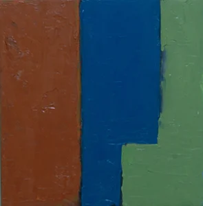 Dit paneel met de afmetingen 34x34 is gemaakt met olieverf. Er zijn meerdere lagen over elkaar heen geschilderd.