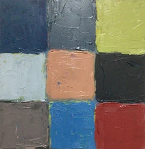PANEEL 34X34 OLIEVERF. Dit is een paneel waarop de olieverf dik, in lagen, is opgebracht met een paletmes. Tussen de vlakken zijn kleuren van de onderlaag te zien