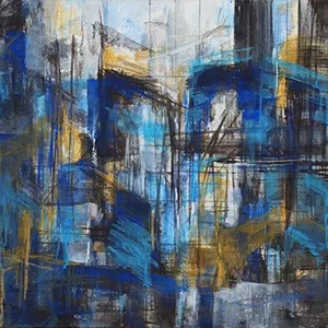 POLLUTION is werk dat gemaakt is met Tempera grassa. Tempera is een verfsoort bestaande uit een emulsie met kleurpigment. Eenmaal gedroogd is de verf zeer duurzaam. Bij tempera grassa is wat olie toegevoegd. Het werk maakt deel uit van het thema Industry Recycled waarvan verschillende industriegebieden als inspiratiebronnen gebruikt zijn. Prijs €720,-